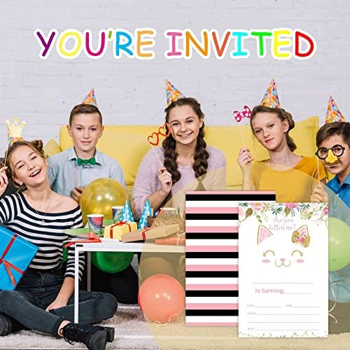 WUAWN 20 Convites de aniversário de gato floral com envelopes, gatinho enchimento - em cartões de convite de aniversário