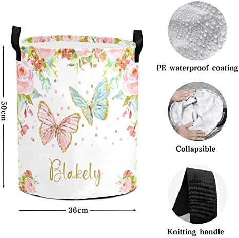 Floral Butterfly Pink Glitter Glitter personalizado dobrável livre lavanderia cesto cesto cesto com maçane