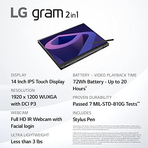 Lapto-lapto lg grama 14t90q 2-1-1 14 Crega sensível ao toque, Intel Evo 12th Gen Core i5, 16 GB de RAM,