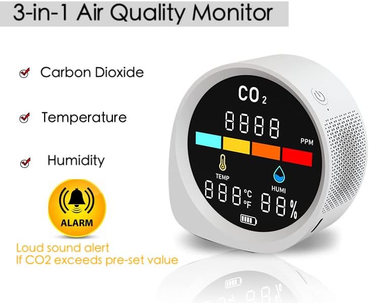 Detector de CO2, monitor de qualidade de 3 em 1, dióxido de dióxido de carbono Analisador de ar com telha LED de