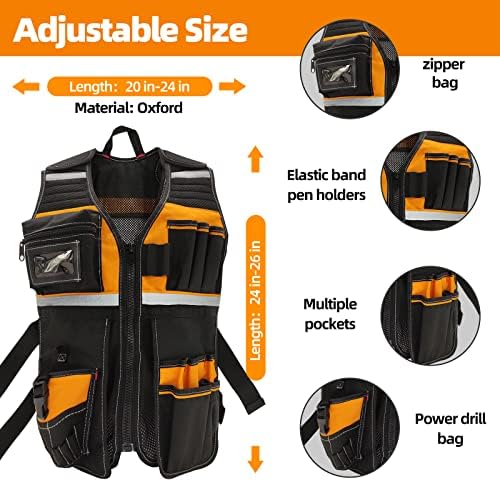 Colete de ferramentas com bolsa de perfuração elétrica e bolsa de zíper, colete ajustável de tamanho com bolsos múltiplos, malha de resfriamento, preto