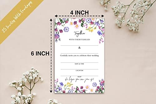Cartões de convite de casamento com envelopes - flores silvestres roxas preenchem os suprimentos em branco