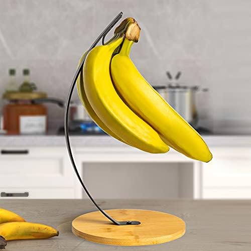 Tieyipin 2 Pack Banana Stand, árvore de banana moderna com gancho de metal e base de bambu de madeira para bancada de cozinha