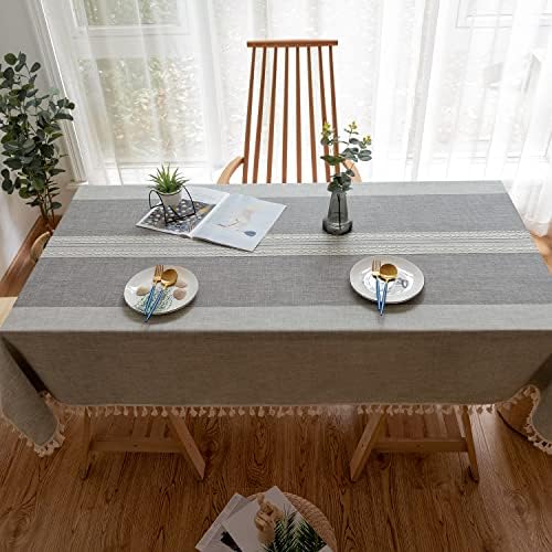 Yicorgard Grey Table tota estilo 55 “x 102”, retângulo de toalha de linho listrado com calçada dupla com borlas para cozinha de jantar