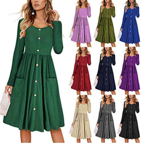 Andongnywell Women Solid Color Roul Roult Slave Slave Button Casual Down Midi Dress With Pockets