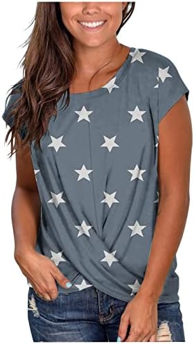 Camiseta de blusa de manga curta para feminino 2023 Cotton Boat Neck Star Leopard Print Floral Graphic Loose Fit Brunch Tee