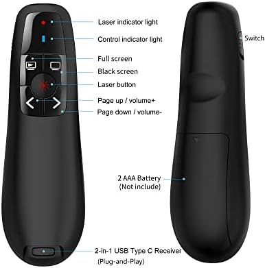 Apresentador de Wireless Apresentação remota Clicker: USB tipo C PowerPoint Clicker com Red Pointer Long