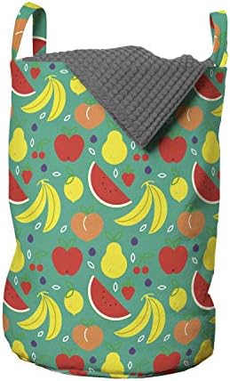 Bolsa de lavanderia de frutas de Ambesonne, layout de verão de melancia bananas peas pêssego morangos e limões, cesta de cesto com alças fechamento de cordão para lavanderias, 13 x 19, Shamrock Green
