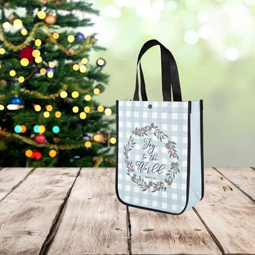 Joy to the World Plaid Christmas Tote Bag com alças, cozinha de mercearia resciadora, sacos de estudo da Bíblia para mulheres, 12 polegadas