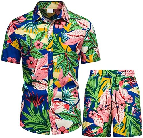 2023 Novo traje impresso no Havaí de verão masculino de duas peças de manga curta de colarinho de colar