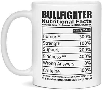 Etiqueta de fatos nutricionais de touros - caneca de tourada engraçada, branca de 15 onças