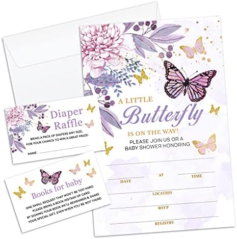 APANKIW BOHO Floral Butterfly Invites de chá de bebê com envelopes e sorteios de fraldas e pacote de cartões