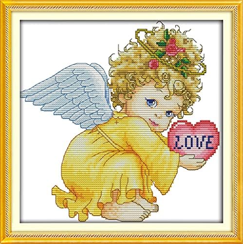 Kits de ponto cruz carimbado de amiiba, anjo bebê rosa coração diy 11ct 13.3x13,3 polegadas