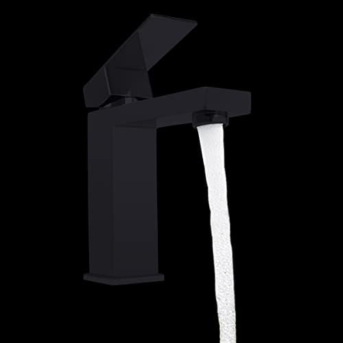 Torneira Torneira de banheiro de um orifício único moderno, torneira de torneira de bacia única, torneira de pia, conjunto de drenagem, com mangueiras de abastecimento de água sem chumbo, preto fosco