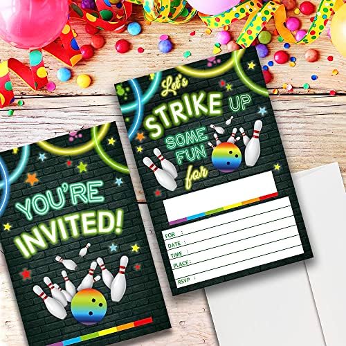Cartões de convite de festa de aniversário temáticos de boliche, Rainbow Neon Glow Retro Bowling Birthday Party Invitation Cards para adolescentes, suprimentos para festas de aniversário para crianças, 20 cartões com 20 envelopes-37