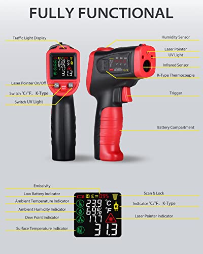 Pistola de termômetro infravermelho wintact -58 ℉ a 1202 ℉ pirômetro IR laser térmica para detecção de molde, ambiente, temperatura da superfície, umidade com alarme automático de temperatura de ponto de orvalho, sonda de termopar do tipo K, sonda de termopar