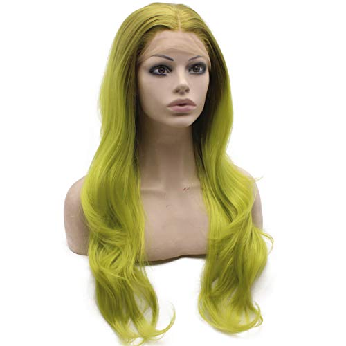 Mxangel Long Wavy ombre verde sintético peruca síntética renda frontal resistente a fibra de fibra peruca