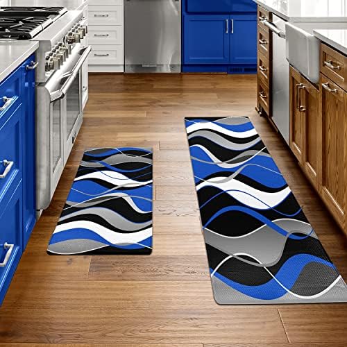 Fnlndo Blue e preto tapetes de cozinha e tapetes para tapetes de cozinha anti-fadiga de piso Conjunto de 2 tapetes de cozinha laváveis ​​de arte azul moderna