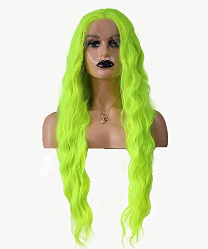 Perucas frontais de renda sintética verde fluorescente para mulheres onduladas de peruca verde