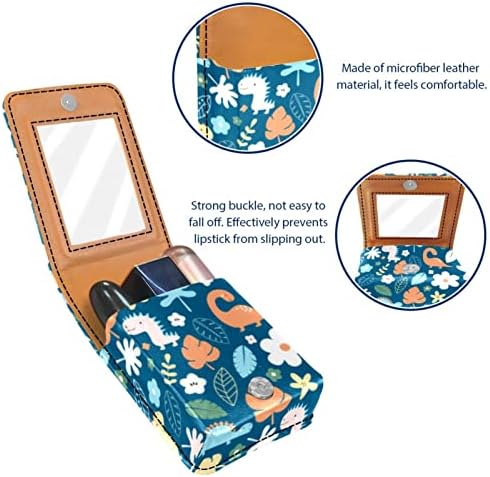 Mini maquiagem de Oryuekan com espelho, bolsa de embreagem Leatherette Lipstick Case, Dinosaur Cartoon Flowers