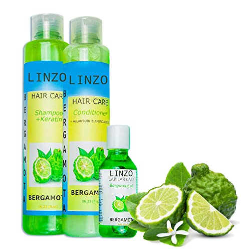 Linzo Bergamota Shampoo, Condicionador e Pacote de Óleo para Crescimento do Cabelo para impedir a perda de cabelo. Crescer cabelos