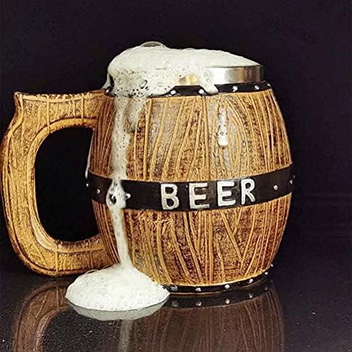 JXTF 450ml caneca de cerveja de madeira artesanal com alça, barril de aço inoxidável dupla camada de cerveja canecas, melhores presentes para o amante da cerveja