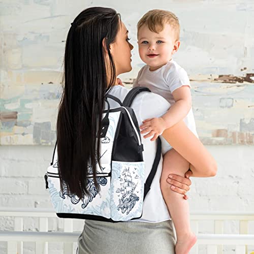 Barco desenhado à mão com ondas bolsas de fraldas Backpack Mummy Backpack de grande capacidade Bolsa de enfermagem Bolsa de viagem para cuidados com o bebê