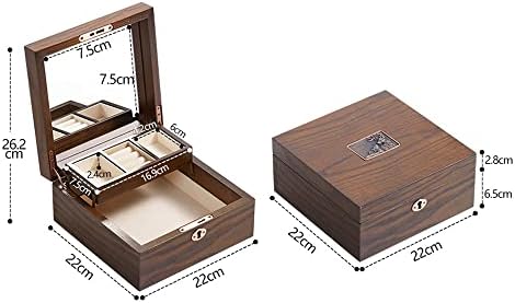Caixa de jóias de madeira para mulheres, caixa organizadora de grãos de madeira com espelho para jóias, relógios, colar, anel, caixa de armazenamento