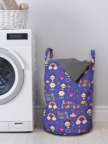 Bolsa de lavanderia de panda lunarável, conceito colorido de horário noturno, chineses urso arco -íris e notas impressas, cesto de cesto com alças fechamento de cordão para lavanderia, 13 x 19, multicolor