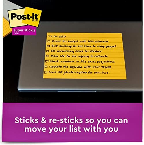 Post-It Super Sticky Notes, 8x6 in, 4 almofadas, 2x a potência de aderência, coleta de impulso de energia,