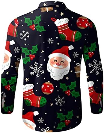 XXBR Christmas masculina de manga comprida camisas para baixo, engraçado Natal Santa Claus Print Designer Shirt Cirtas Casual Casual