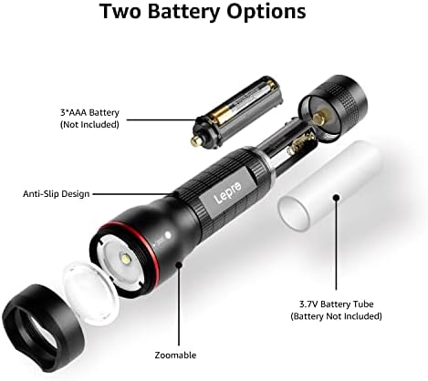 Lepro lanterna LED LE2000 Alto lúmen, super brilhante, 5 modos de iluminação, lanternas de tamanho de bolso zoomable, impermeável e de bolso para camping, emergência -Potada por bateria AAA