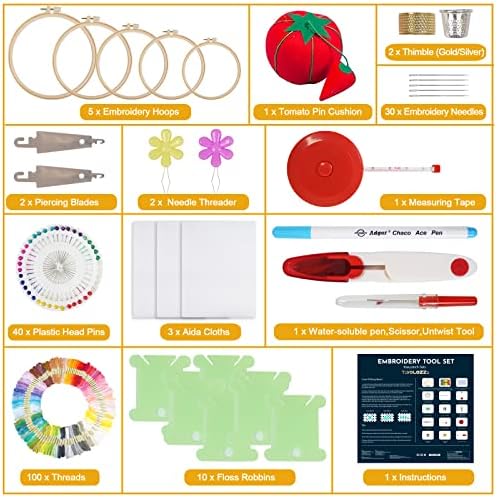 Kit de bordado de tavolozza, kits de ponto cruzado, incluindo 100 fios de bordados de cores, 3 pcs de panos AIDA,