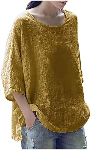 Mulheres redondo pescoço sólido sólido de manga de três quartos de algodão blusa camiseta slim algodão top túnicos