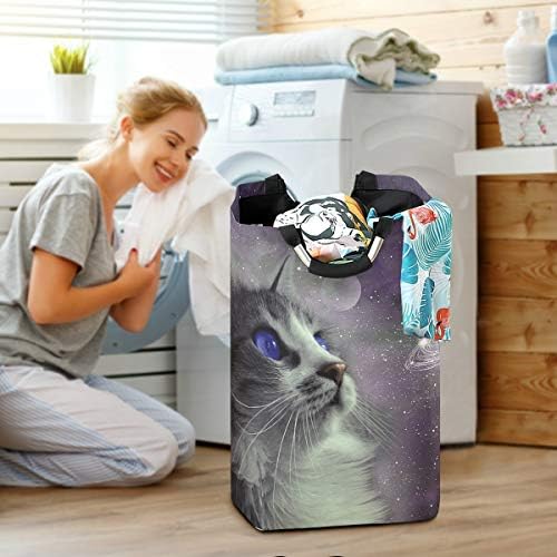 Yyzzh gato no espaço sideral belo galáxia nebulosa universo imprimir grande lavanderia bolsa de cesta de cesta de compras colapsível poliéster lavanderia cesto de roupa dobrável bolsa dobrável lavar lixo