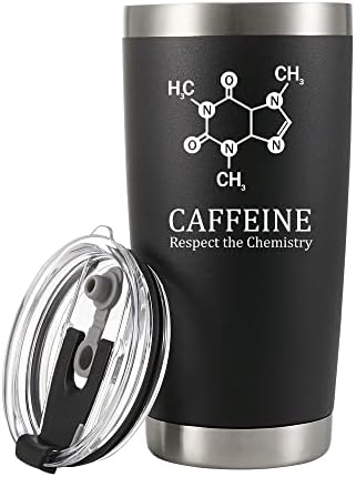 Cafeína panvola Respeite o copo de ciência da química para professores com o copo de aço inoxidável isolado com tampa removível e palha de 20 oz preto
