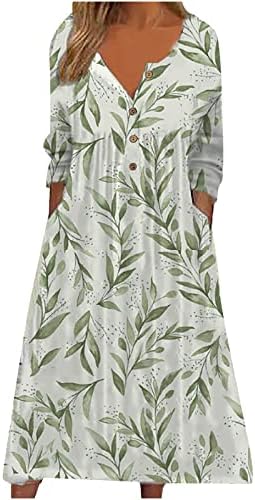 Vestido de manga comprida Pimelu Henley para mulheres, impressão de verão Botão de deco