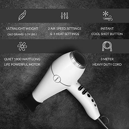 Karmin Salon Series Profissional iônico secador de cabelo, íon negativo positivo, secador de cabelo cerâmico, leve, seco rápido, 2 velocidades 3 configurações de calor, 1800 watts, com concentrador de turmalina iônica, difusor