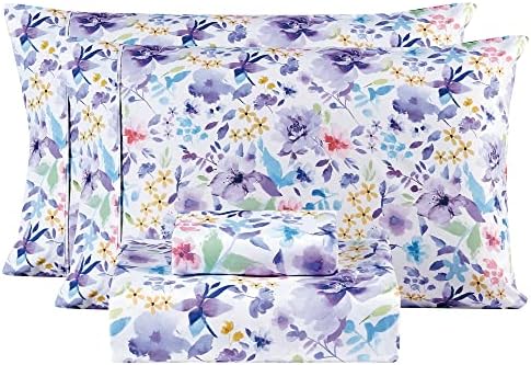 Lençóis king floral mooreeke, lençóis de microfibra respiráveis ​​macios, lençol de cama impresso, lençol de bolso profundo não deslizamento incluído, padrão de flor roxa