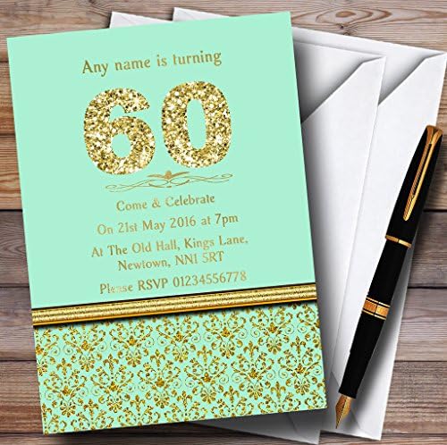 Mint Green & Gold Vintage Damasco 60º convites de festa de aniversário personalizados