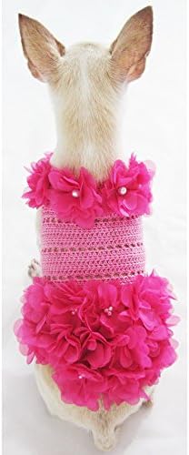 Vestido de cachorro rosa de crochê com pérolas flor de roupas de estimação única 14f