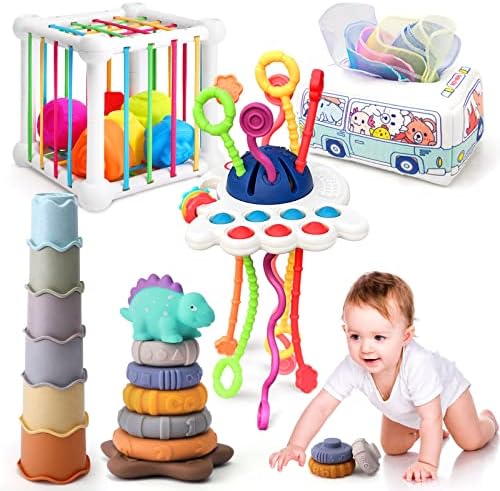 5 em 1 Baby Montessori Toys Conjunto inclui lixeira de forma com som, caixa de lenços de papel para bebês,