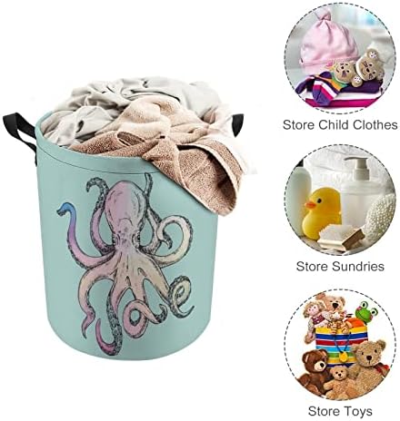 Rainbow Octopus Round Roundry Saco de armazenamento impermeável cesto com tampa de cordão e alça