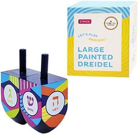 Vamos jogar Dreidel, o Hanukkah Game 2 Multi Colored Extra Grande Dreidels de madeira pintada à mão…