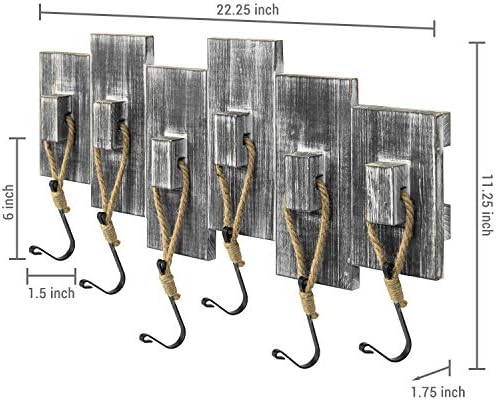 Mygift parede montada na parede gorjeta de madeira cinzenta com design decorativo de corda pendurada e ganchos de metal, ganchos de organizador de entrada de decoração de parede náutica
