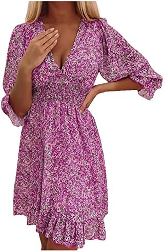 Vestidos Rouched para mulheres, moda feminina de manga curta Vestido de cintura plástica floral de chiffon de pescoço de pescoço