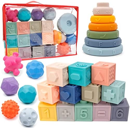 BOMPOW BABY TRADIO DE 6 a 12 meses, Montessori Toys para bebês 6 a 12 meses, incluindo blocos de construção e brinquedos de dentição infantil macios e bolas sensoriais para crianças 0-3-6-9-12 meses