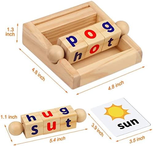 Toys de Montessori para crianças 2 3 4 anos de madeira Blocks de leitura Flash Cards Flash Vowel curto girando as letras correspondentes de correspondência para crianças Educacional Alfabet