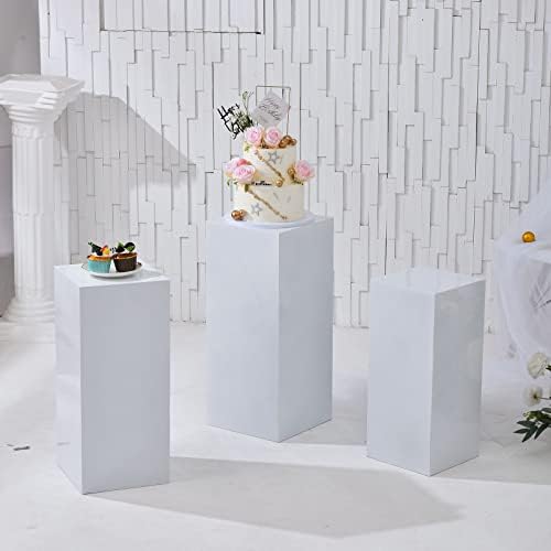 Vincidern 3pcs Metal Display Pedestal Stand para festa, Pedestal de cubo branco Stand para casamentos, chá de bebê, exibição de escultura de arte, bolo, suporte decorativo de sobremesa