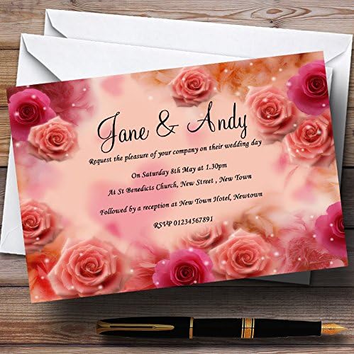 O card zoo pêssego e flores rosa impressionantes convites de casamento personalizados